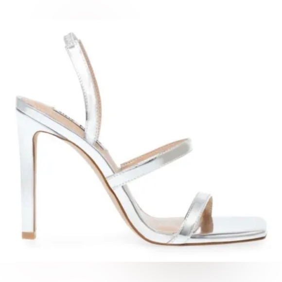 Steve Madden Gracey Silver Vinyl Square Toe Stiletto Dress Sandals Size 10 - Picture 1 of 4